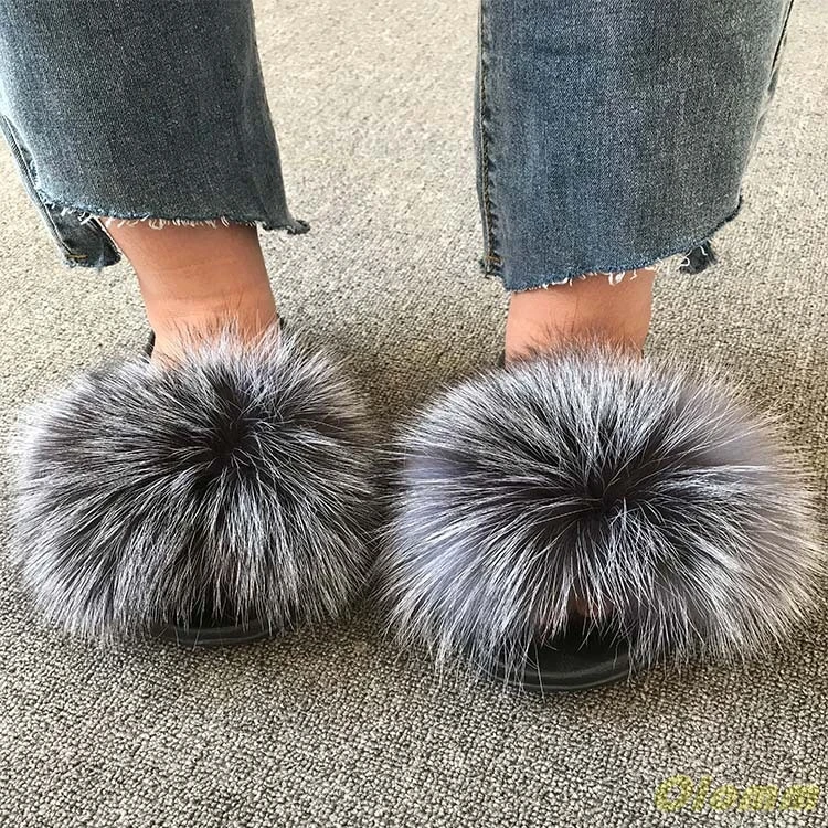 Women\'s Summer Flat Slippers Genuine Fox Fur Slippers Women\'s Thick Hair Slippers Non-slip Indoor Slippers Silver Sole