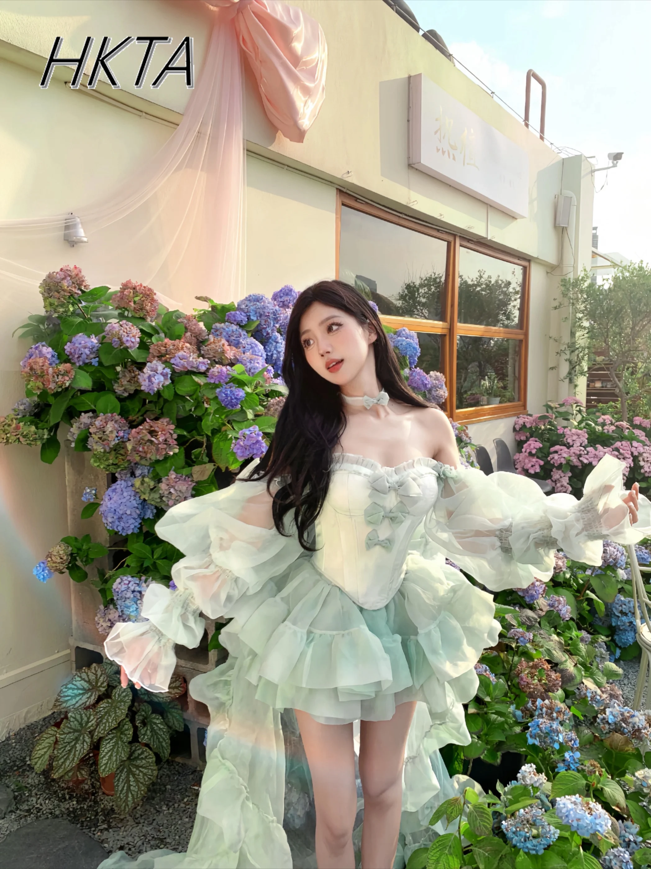 Lolita Summer Dress Two Pieces Sets Women Sweet and Cute Birthday Bow Slim Fishbone Tops Elegant Princess Gown Ball Skirt Outfit