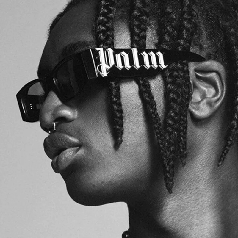 Gafas de sol de moda de ángeles para hombre, montura negra con letras, palma, tendencia Hip-hop, marca de alta gama, gafas de sol de estiramiento facial