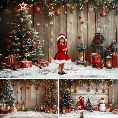 Christmas Decoration Backdrops for Photography Retro Wooden Board Red Ball Xmas Tree Gift Family Party Kids Portrait Background