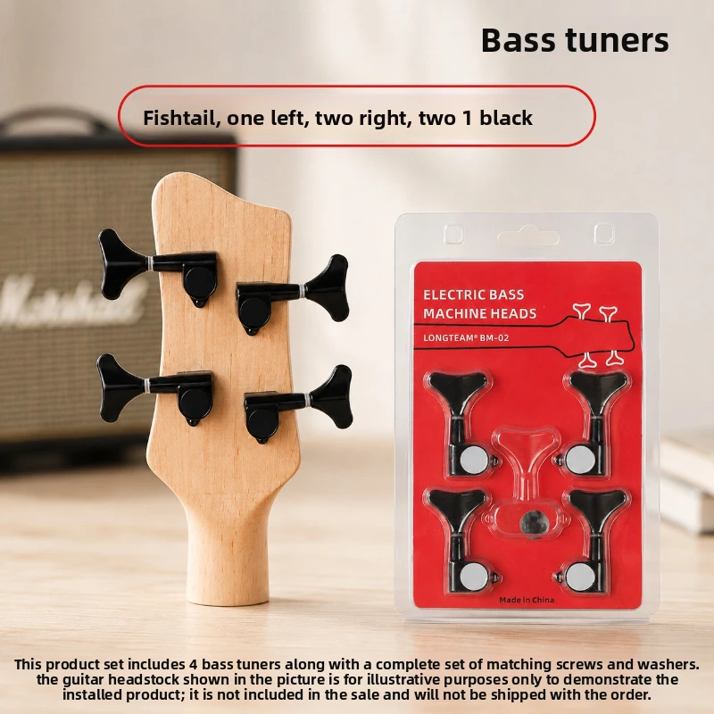 Fishtail head 4 pcs, black silver, closed, bass string button, electric bass reel, all metal, string quasi-accessories