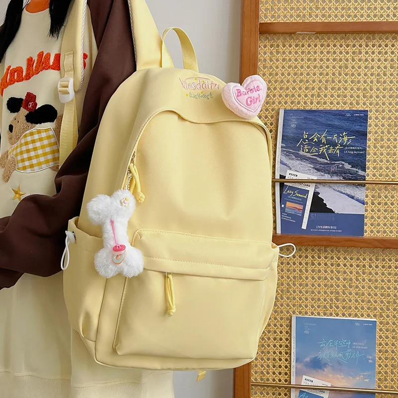 Ins Cream Simple Backpack Sweet Solid Multi Pocket Bag Korean Girls School Rucksack For School Shopping Short Outdoor Trip