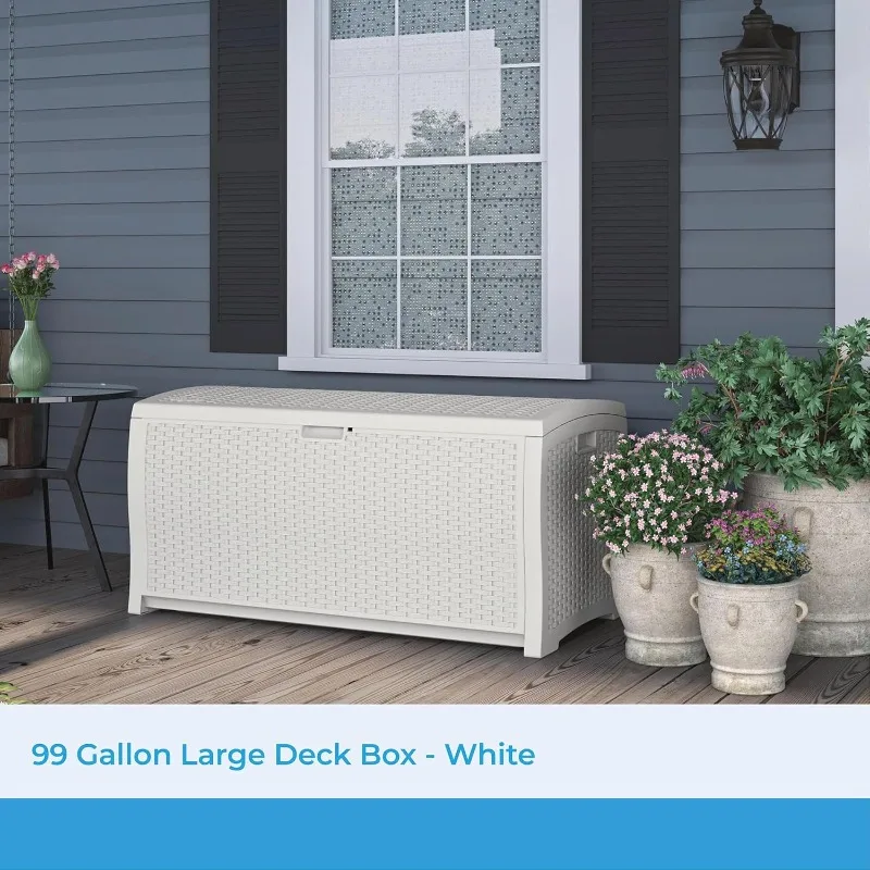 99 Gallon Heavy Duty Resin Wicker Horizontal Outdoor Deck Box, White