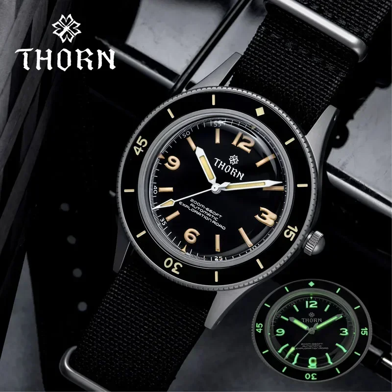 THORN Watch Men 40MM Vintage 50-Fathoms NH35 Movement Automatic K9 Mineral Crystal TR900 C3 Luminous Barracuda 200M Waterproof