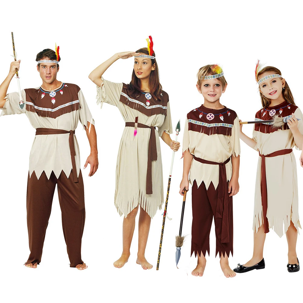 

Adult Children's Halloween Cosplay Costumes Grey White Indian Clothing Indigenous Costumes Masquerade Dance Performance Costumes