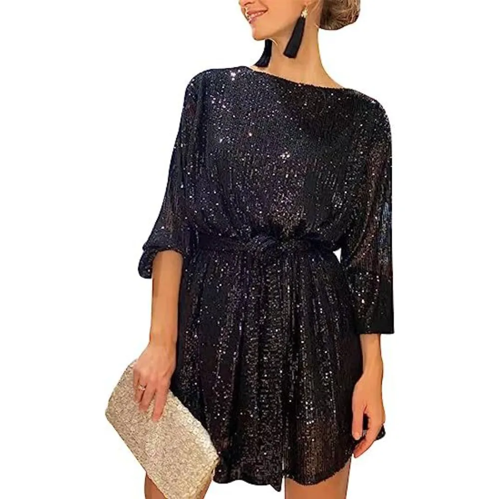 Vestidos Elegantes Women's New Sequin Crew Neck Long Sleeve Beaded Dress with Belt Party Banquet Dress Cocktail Evening Gown