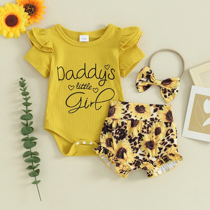 

Suefunskry Baby Girls Summer Outfits Letter Print Short Sleeve Romper and Sunflower Shorts Cute Headband 3 Piece Clothes 0-18M