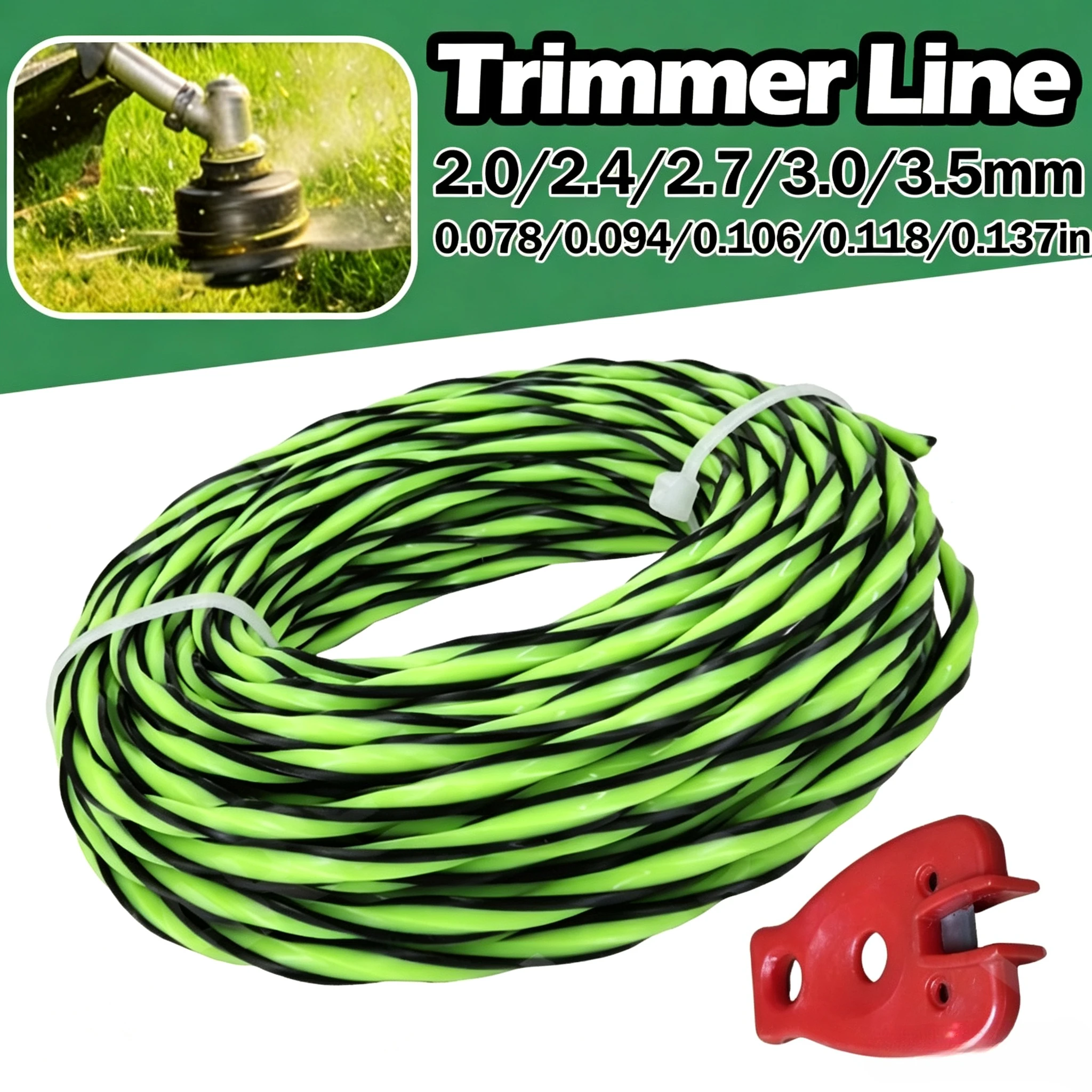 Twisted Nylon Trimmer Line, 2 Rolls, 10m Each. Sizes:2.4/2.7/3.0/3.5MM, Replacement Weed Eater Cutting String