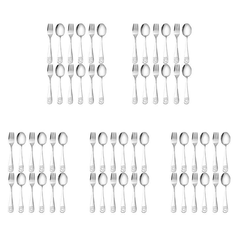 

60 Pieces Kids Silverware Stainless Steel Children's Safe Flatware Little Bear Child Spoon And Fork Set Toddler Utensils-B09B