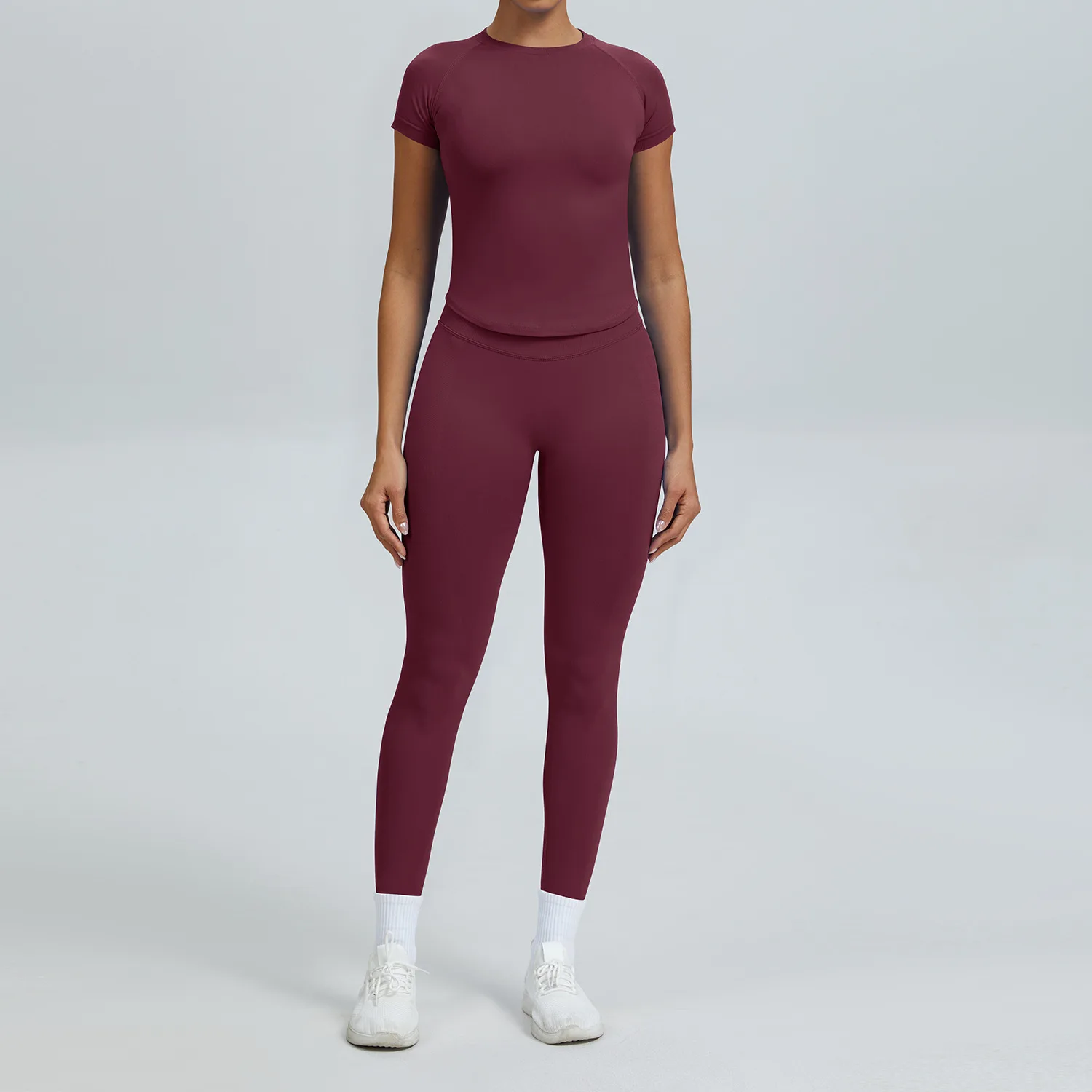 

Seamless Yoga Set for Women - Round Neck Fitted Short Sleeve Top & Tights, Breathable Gym Wear for Running Cycling Outdoor Train