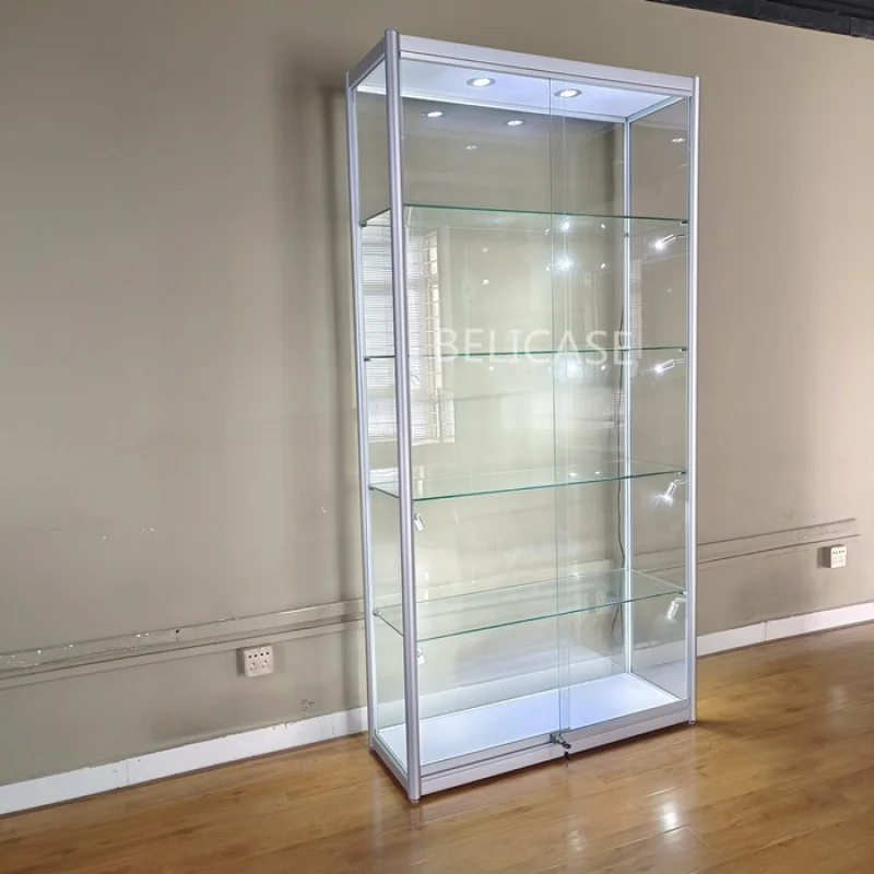 (Kunden spezifisch) hochwertige Aluminium rahmen Glaswand vitrine abschließbare Schiebe design Glas vitrine mit LED-Licht