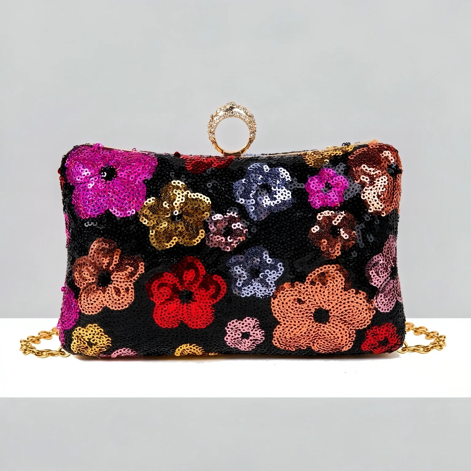 Gorgeous Chic Heavy Handmade Floral Sequin Evening Clutch, Rhinestone Ring Buckle Hardcase Party Purse With Metal Chain