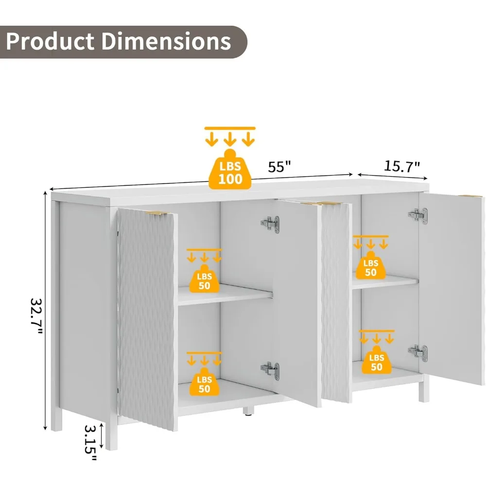 Living room cabinet Trough sideboard with adjustable shelves, storage cabinet with 4 doors