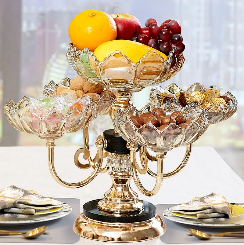 European-style Multi-layer Fruit Tray Alloy Base Rotatable Cake Living Room Household Dried Snack Storage Glass