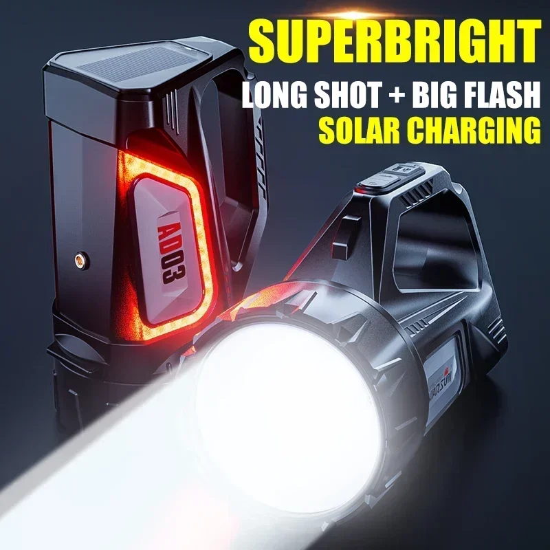 

Flashlight with strong light charging, super bright outdoor long-range solar emergency lighting, patrol handheld searchlight