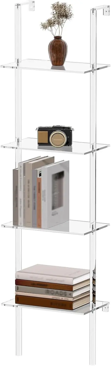 

Small Acrylic Ladder Bookshelf, 9.5" D x 15.6" W, 4-Tier Clear Wall Mounted Book Shelf for Small Spaces, Multipurpose Bookcase f