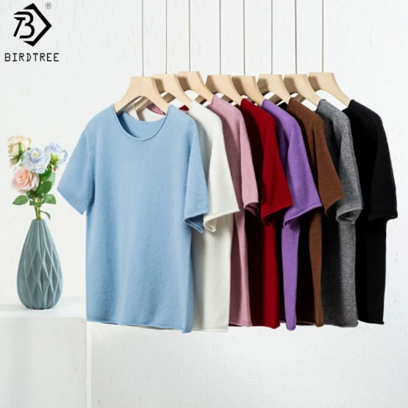

Birdtree 100% Sheep Wool Elegant Base Sweater, Woman Autumn Soft Edge Curl O-neck Short Sleeve Solid Color Knit Tops T58127JF
