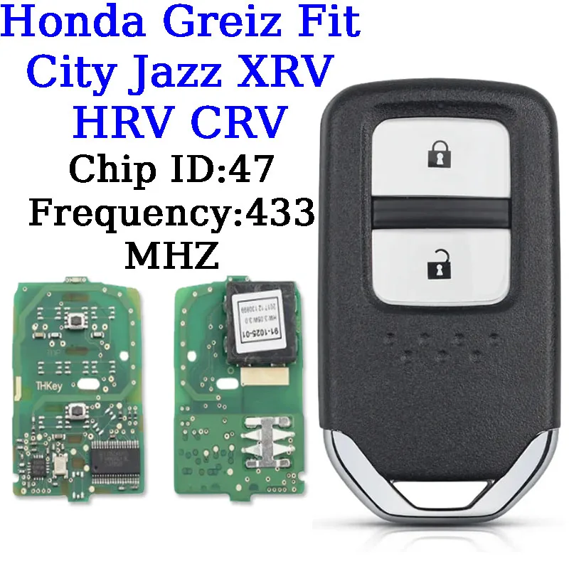 Llave inteligente para coche, mando a distancia de entrada sin llave para Honda Greiz Fit City Jazz XRV HRV CRV HON66 Chip ID47 FCCID KR5V2X 433Mhz ASK