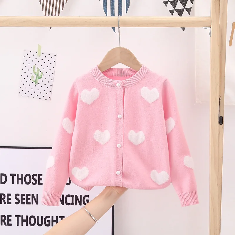 

Children's clothing girls' woolen cardigan 2024 autumn new hot selling baby mink love jacquard core yarn long sleeved sweater