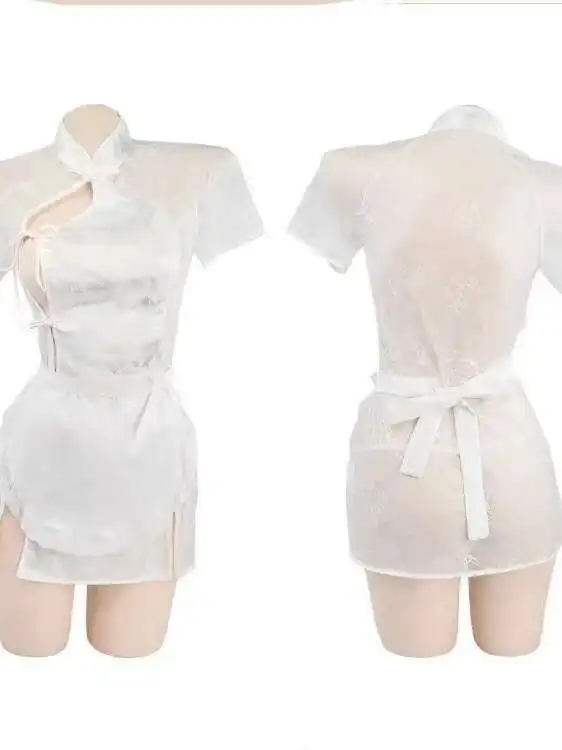 Sexy Cosplay Meid Pure Desire Stijl Cheongsam Jurk Half Transparant Kant Mesh Hol Korte Mouwloze Jurk Charmant ZJEQ