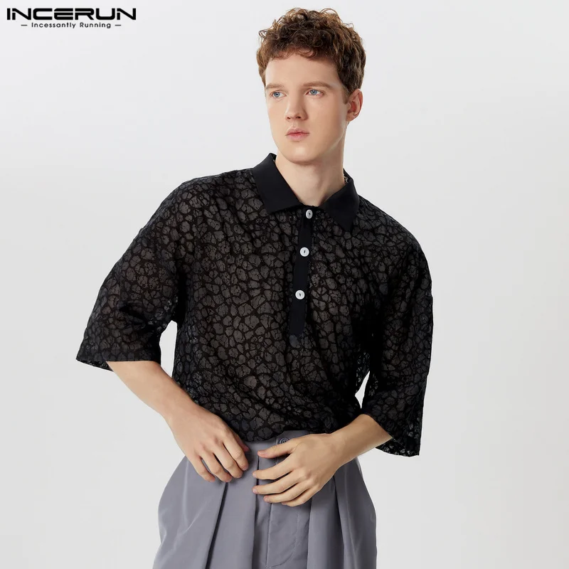 

INCERUN Men Shirt Transparent Printing Lapel Short Sleeve Casual Men Clothing Loose Streetwear Summer 2024 Fashion Camisas S-3XL