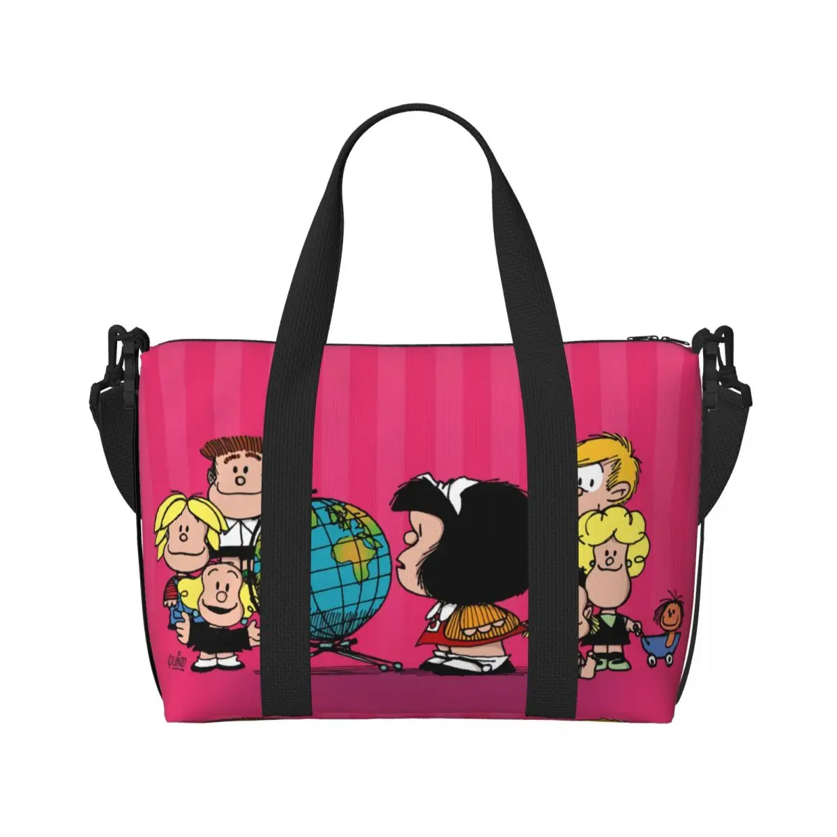 Custom Mafalda Friends Beach Tote Bag for Women Quino Comic Cartoon Large Compartment Beach Gym Travel Bags