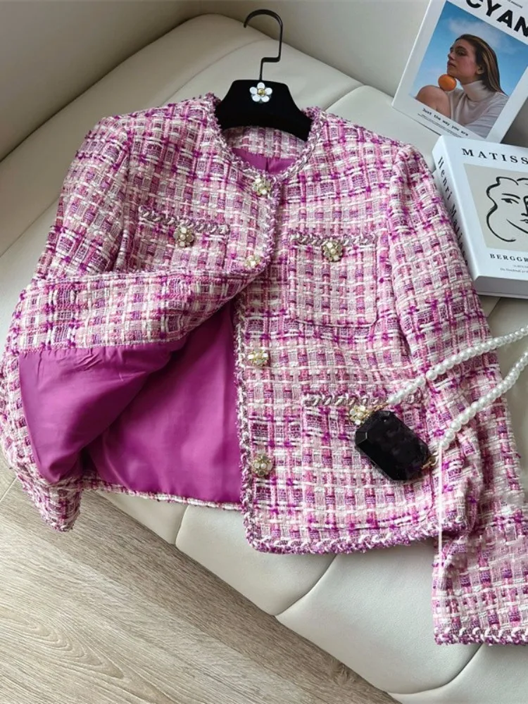 Office Lady Pink Tweed Plaid Jacket o-collo elegante manica lunga autunno inverno capispalla monopetto moda donna cappotto corto