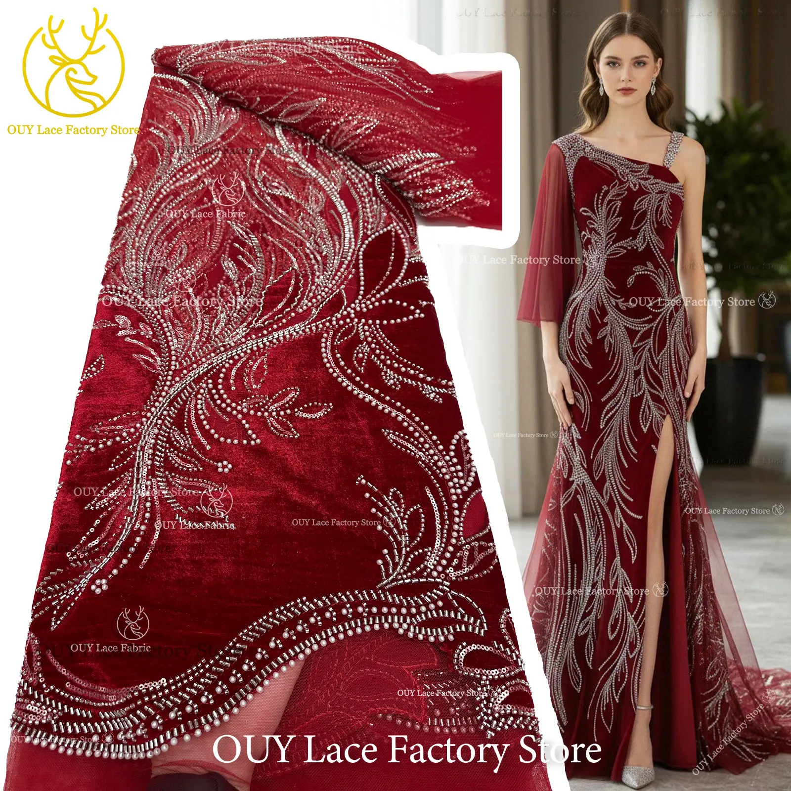 

Red African Velvet Beaded Lace Fabric High Quality French Nigerian Sequins Embroidery Lace Fabric For Sewing Wedding Dress