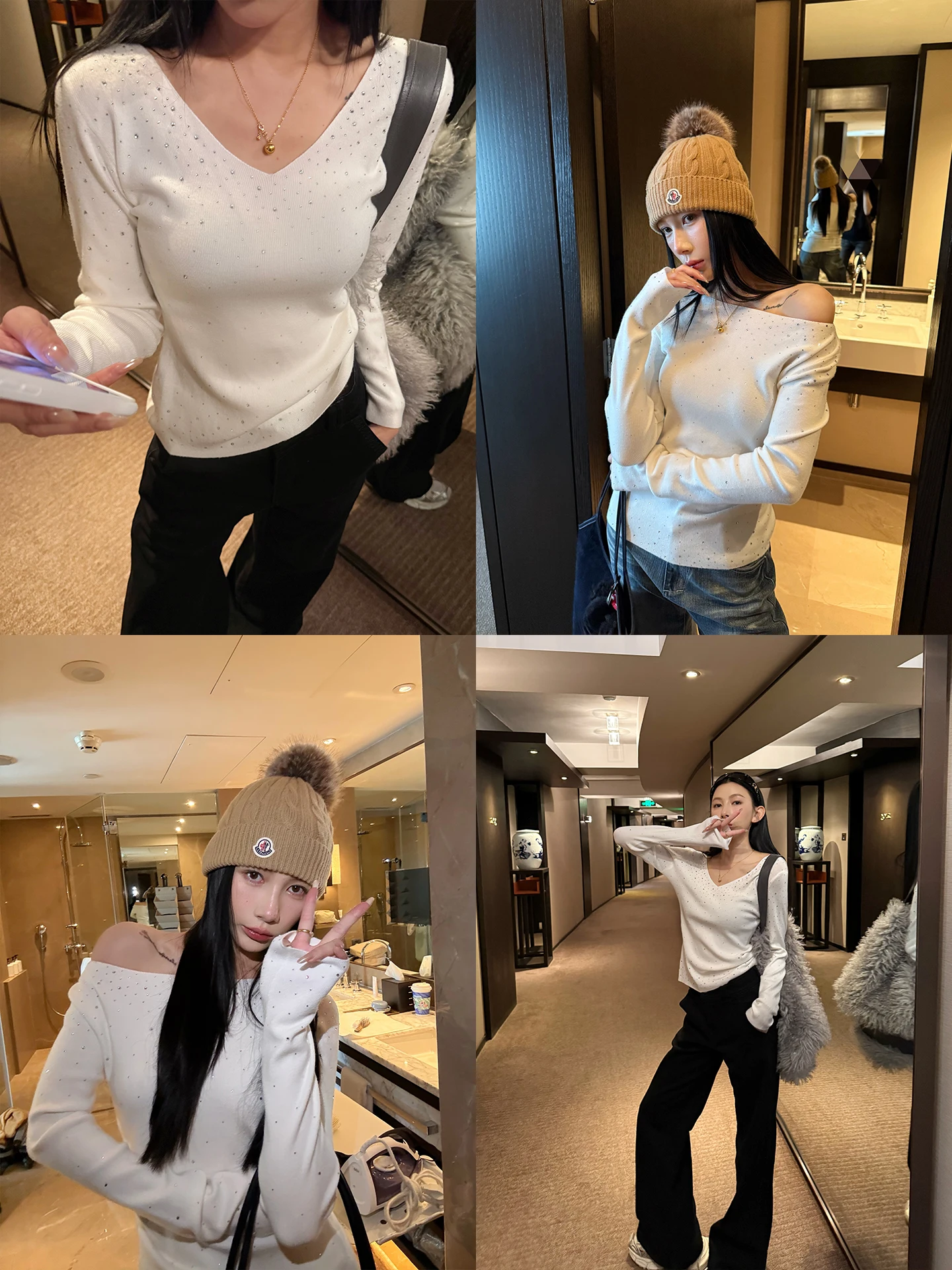 

Белый вязаный свитер с камнями, женский, с богатой отделкой, в корейском стиле, базовый слой, внутренний топ, не для подростков