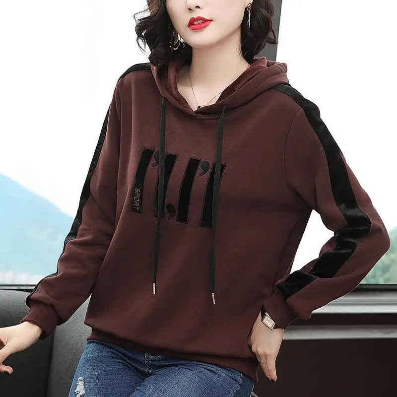 2023 Autumn Winter No Plush Added Women Loose-fitting Sweatshirts Korean Hooded Letter Print Long Sleeve Splicing Pullovers