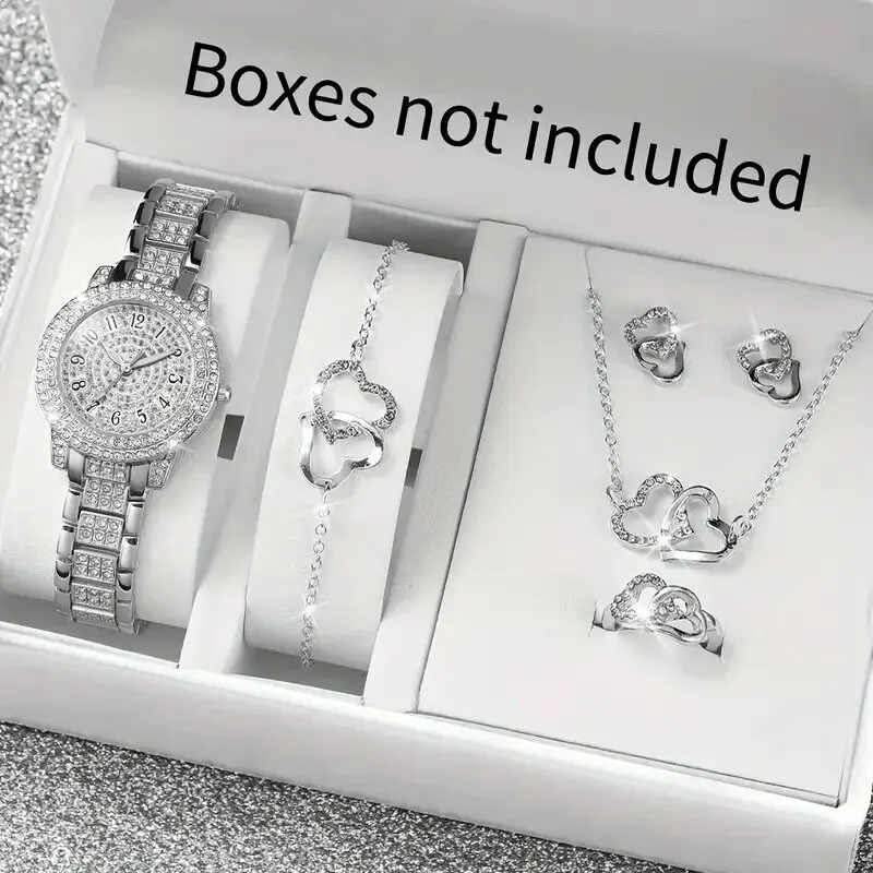 6pcs Ladies Fashion Casual Star Number Full Diamond British Watch White Crystal Love Earrings Necklace Ring Bracelet Gift Set
