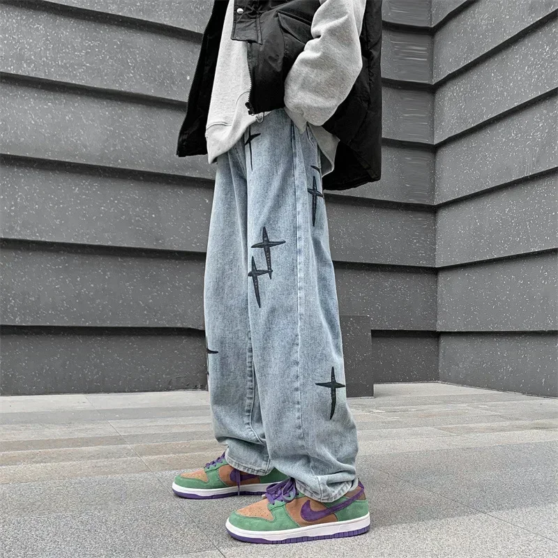 

Wide Leg Pants Men Long Jeans Denim Pant Loose Casual Print High Waist Regular Splice Simple Autumn 2024 Straight Trousers