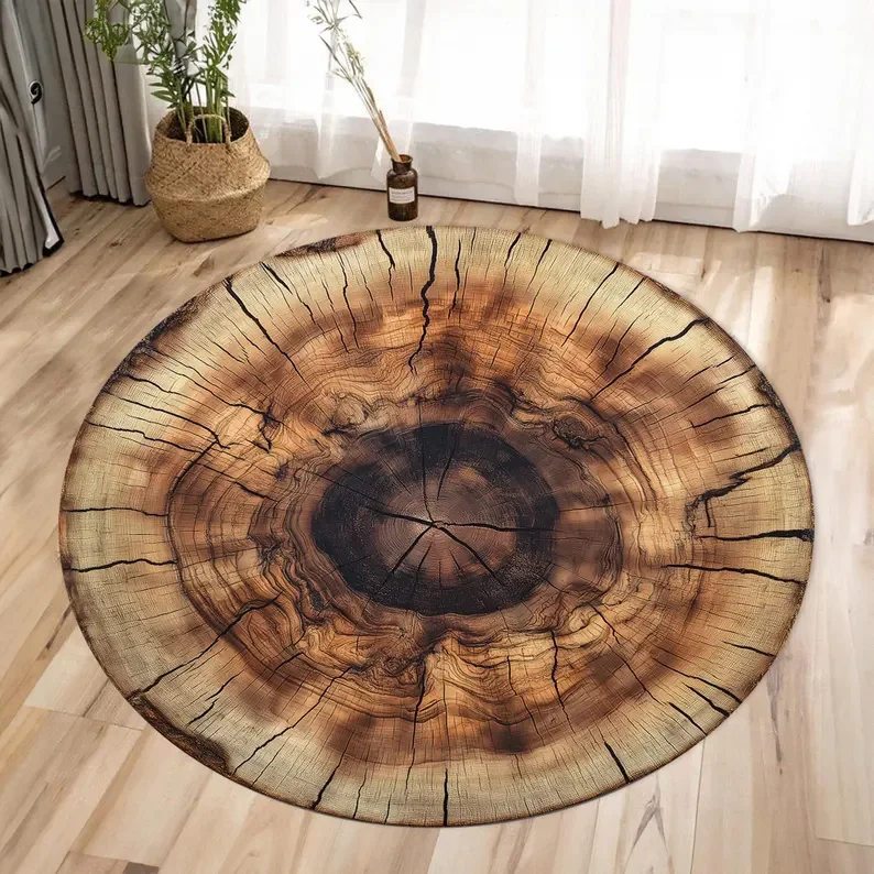 Natural Wood Tree Ring Decorative Floor Mat Stump Grain Print For Home Living Room Indoor Rustic Farmhouse Stylish Home Decor