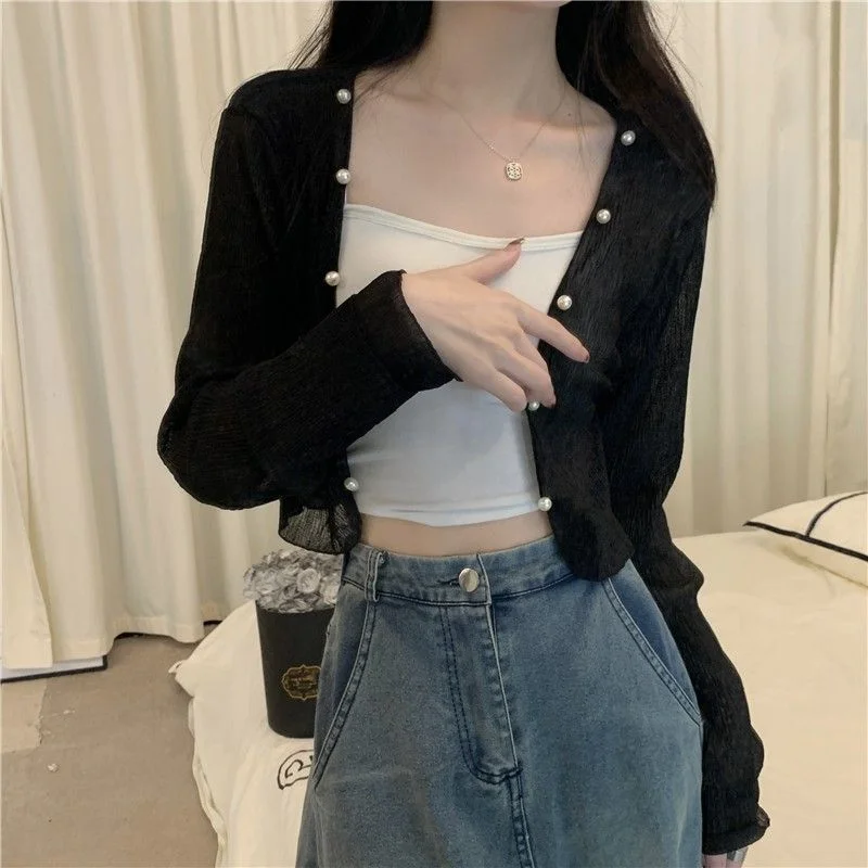 Temperament Sun Protection Chiffon Cardigan Women's Ice Silk Shawl with Suspenders Fairy Long-sleeved Top