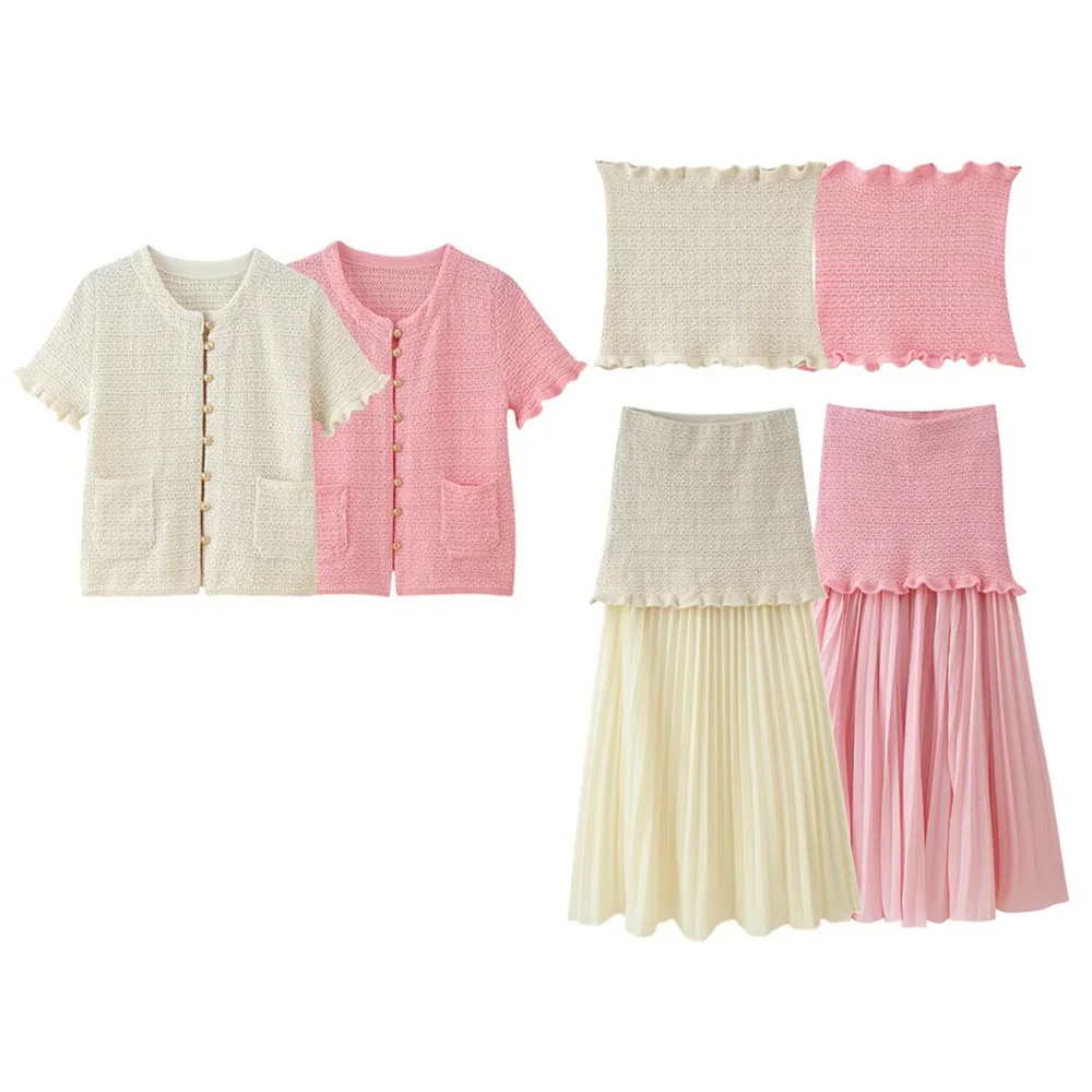 BMURHMZA summer new product women's sweet round neck short sleeved button knit cardigan strapless top high waisted skirt