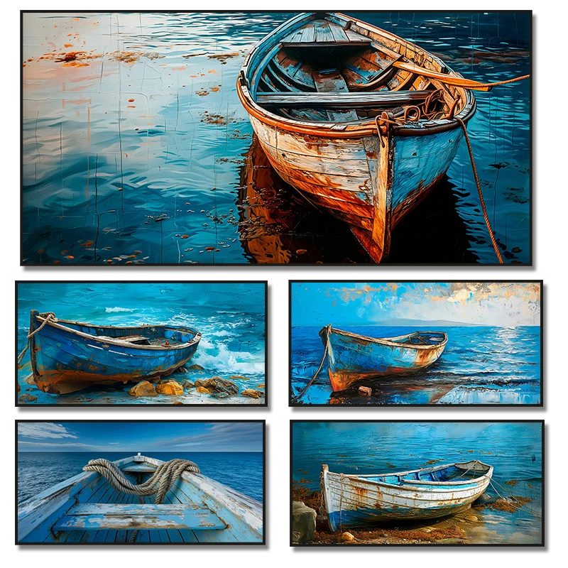 Old Blue Boat Rocks Coastal Poster Nautical Boat Canvas Painting Wall Art Print Beach House Seascape Wall Art Home Decor Cuadros