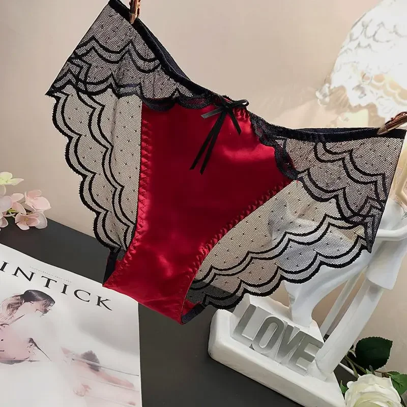 Transparent Comfortable Lace Underwear Breathable Temptation Bow Satin Women Briefs Cotton Crotch Europe United States Sexy