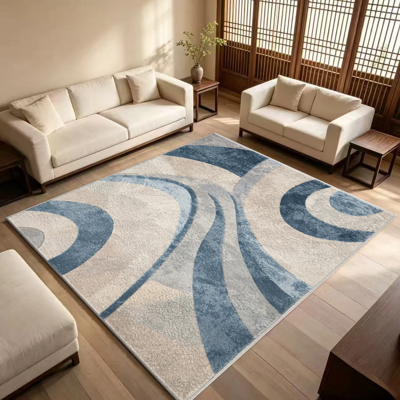 Abstract Swirl Pattern Area Rug, Blue Beige Modern Curved Pattern Indoor Floor Carpet, Suitable for Living Room Bedroom