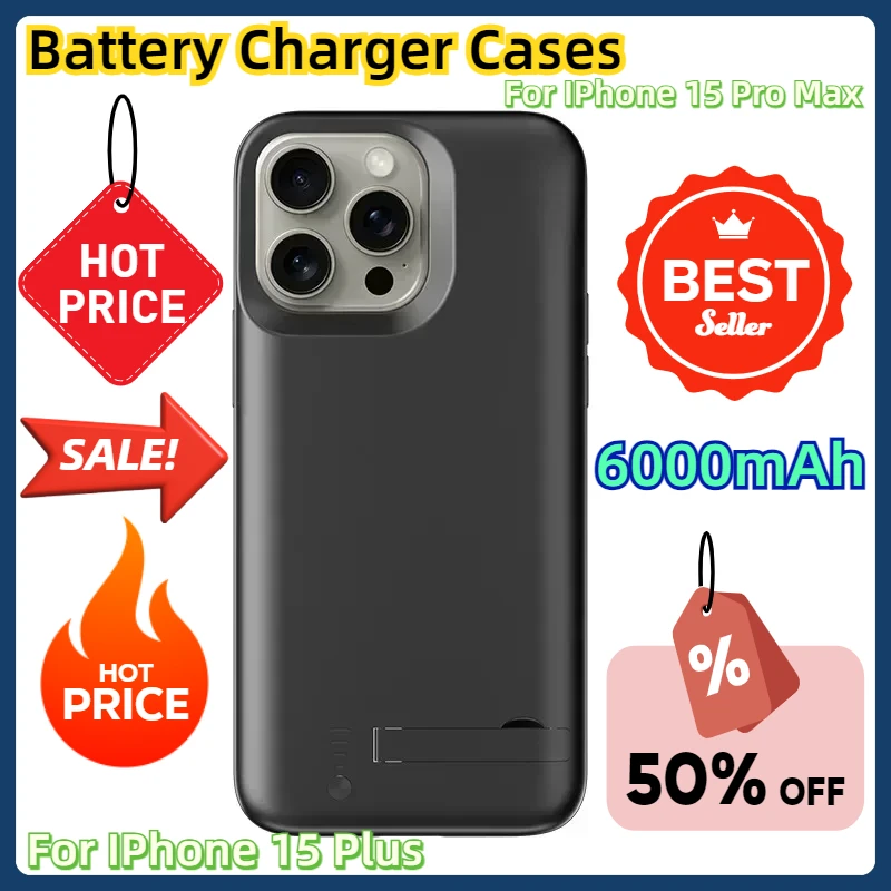 

For IPhone 15 Pro Max Power Bank Charger Cover for IPhone 15 Plus Battery Charger Case Stand Back Cover 6000mAh Battery Case