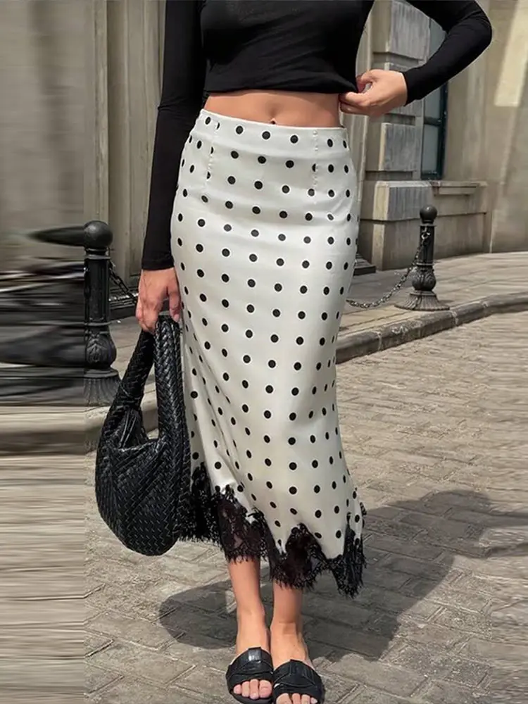 Spitzen-Patchwork Polka Dot Langer Rock Damen Sexy Hochgeschnittener Hüftbetonter Panelierter Schlanker Rock Charmante Damen Bodycon Partykleidung Neu – Detail 4