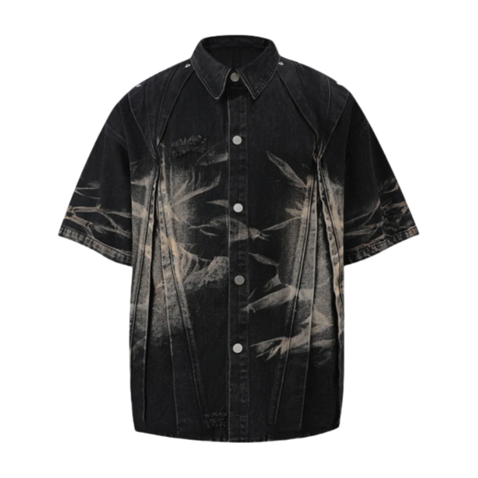 

Ripped Hole Denim Sets Streetwear Hip Hop Patchwork Jeans Shirts Men Oversized Harajuku Vintage Baggy Denim Shorts Mens Blouse
