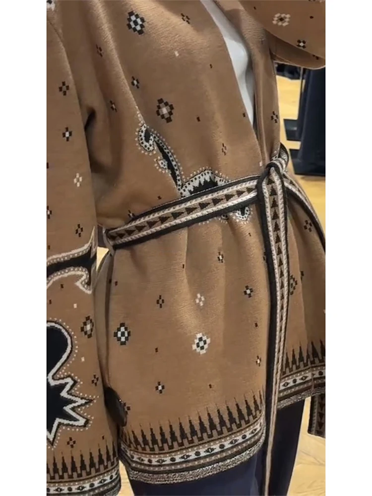 طباعة محبوك شرابة سترة طويلة المرأة الخامس الرقبة كم كامل الدانتيل يصل سترة الخريف أنيقة الإناث اليومية ملابس خارجية غير رسمية #5