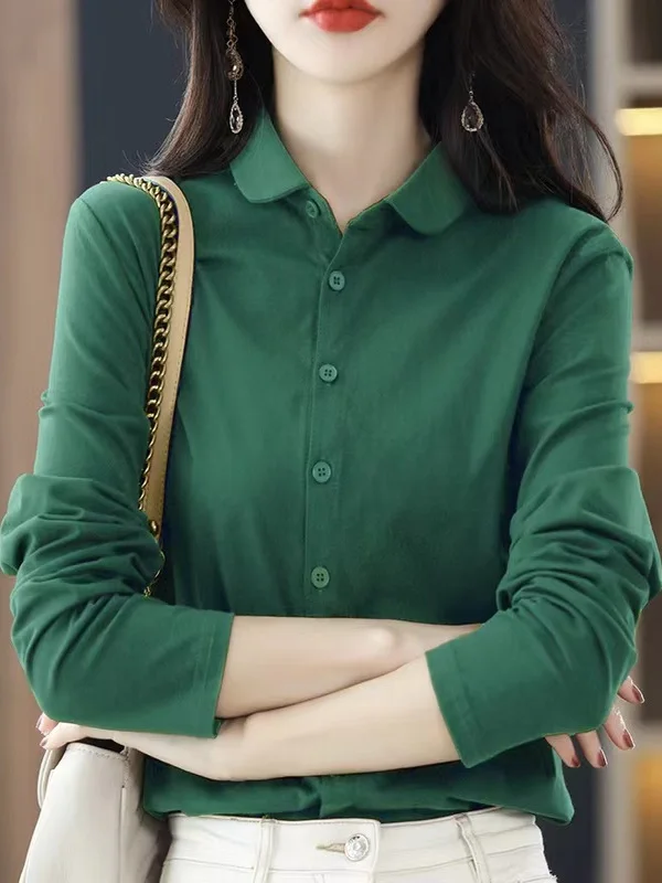 

Autumn Winter Women's Pure Cotton Long Sve Collar irt Loose Fit Commute Sle Regular Sve Length Classic Color