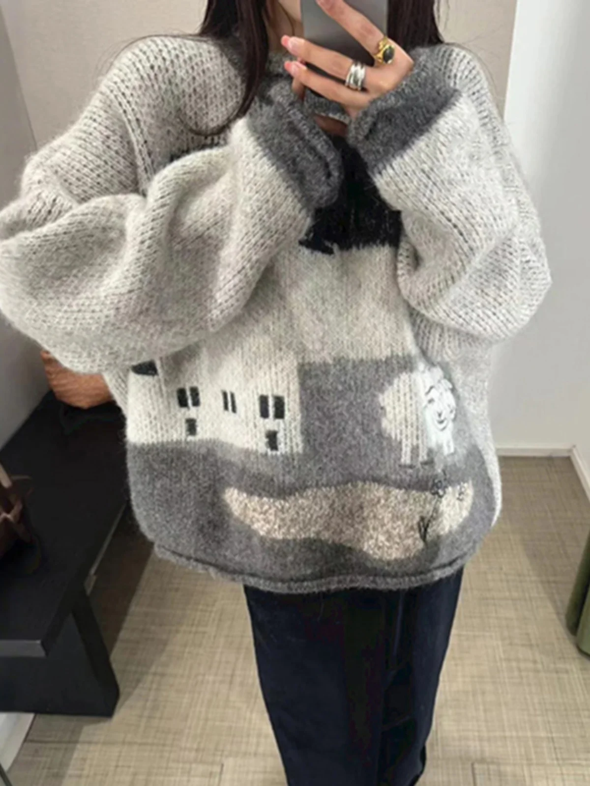 Lässiger Strickpullover, rund, Patchwork, Wollmischung, mit Bündchen, lockere Passform, Winter-Top, Damen, koreanisches SLE-Polyesterfaser