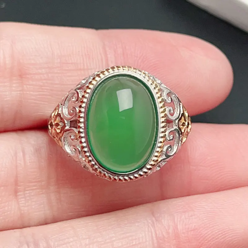 Chinese Style Green Chalcedony Ring for Men 10mm*14mm 6ct Natural Chalcedony Silver Ring with 3 Layers Gold Plated Keep Shining