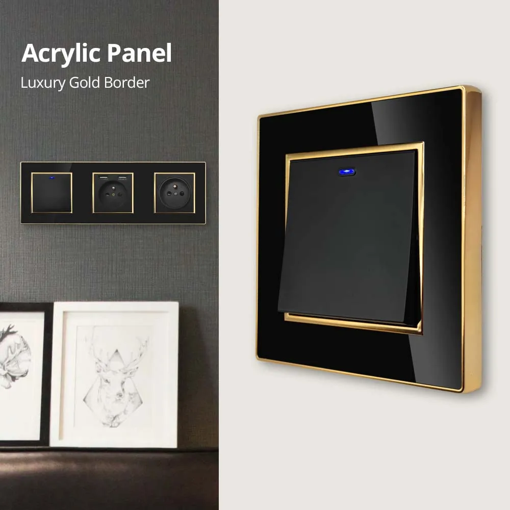 Wallpad 258*86mm Triple Black Acrylic Panel Gold Border Wall Light Switch LED Indicator USB EU Socket 5 6 7 8 Gang 2 Way