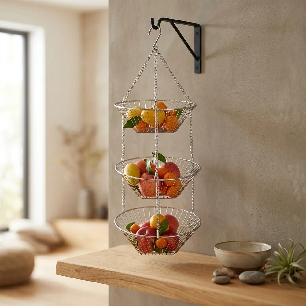 Chrome Hanging Fruit Basket 3 Tier Vertical Wire Storage Rack Adjustable Height & Detachable Levels 11 x 11 x 32 Inches