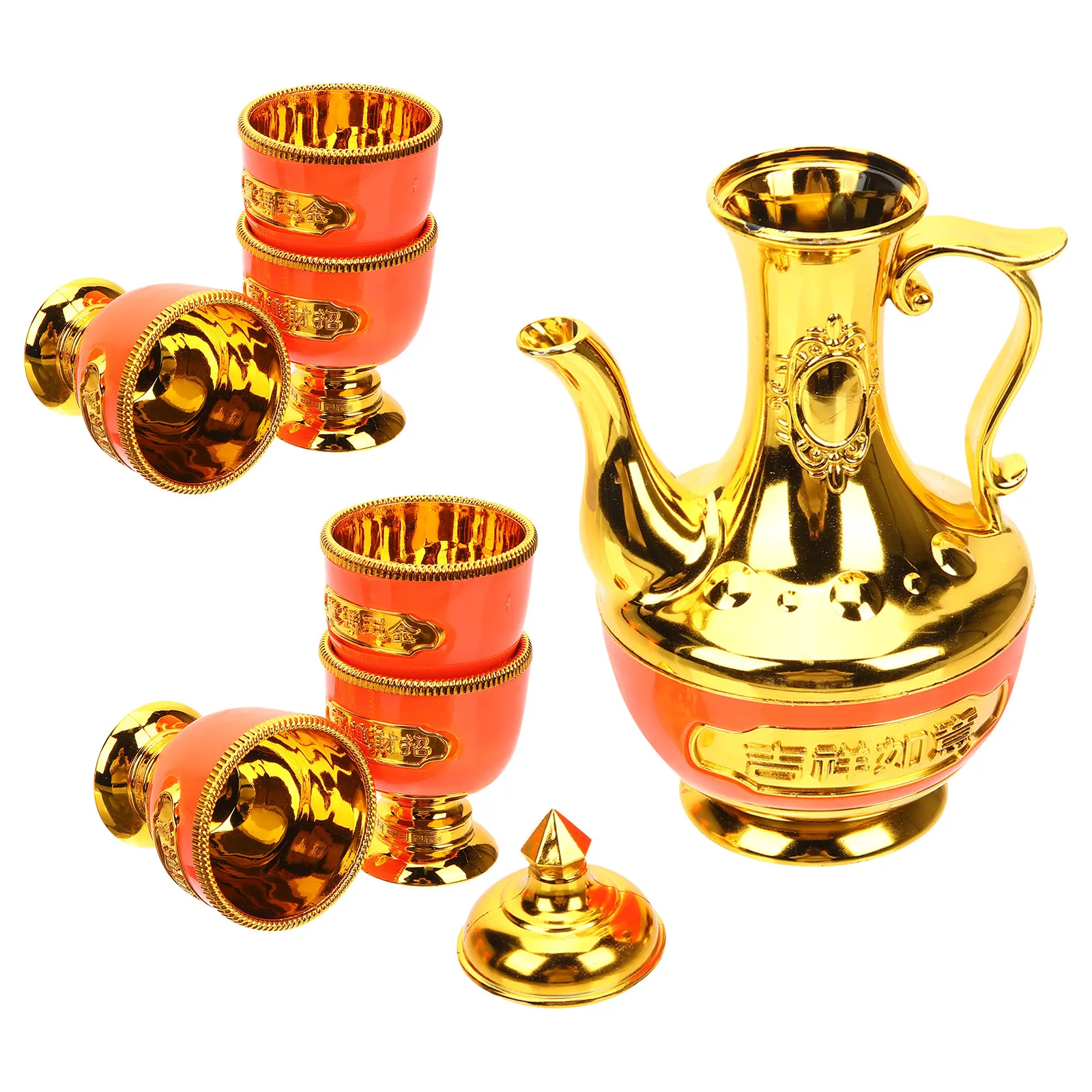 1Set Gold Plated Offering Goblet and Pot Set Buddhist Ritual Cup Kettle for Temple Home Worship Meditation Yoga Decor Vintage