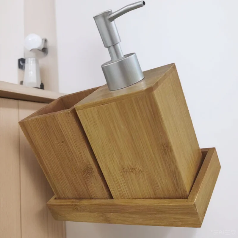 

1Set Bathroom Set Bamboo Material Toothbrush Stand Soap Dispenser Bottle Shampoo Lotion Pump Storage Home Bathroom Decor