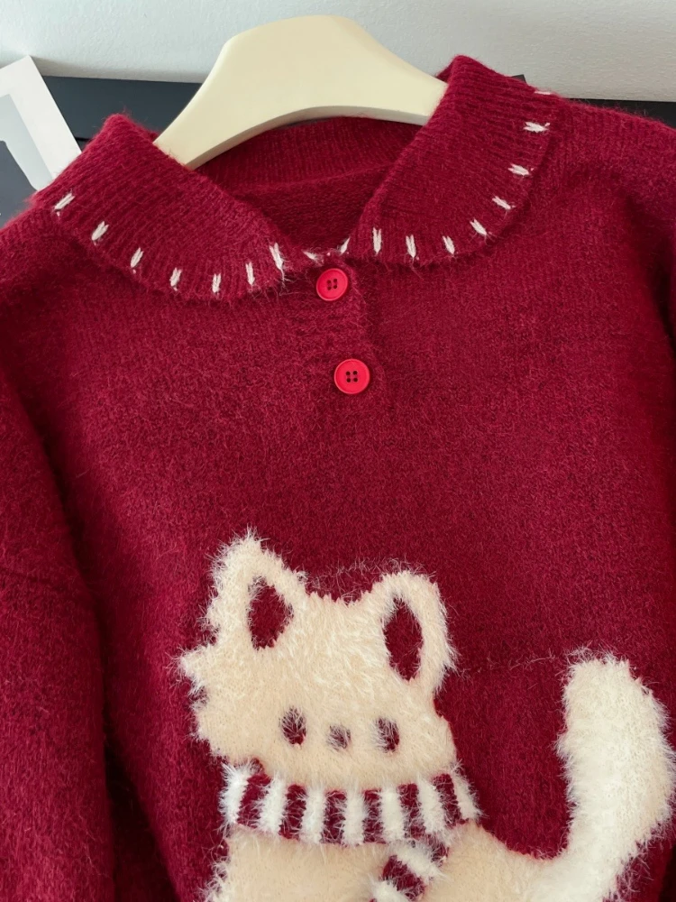 المرأة محبوك سترة رفض طوق الكرتون الكلب الخريف الشتاء الحلو سترة أنيقة على الموضة نمط Preppy الإناث سترة غير رسمية جديد